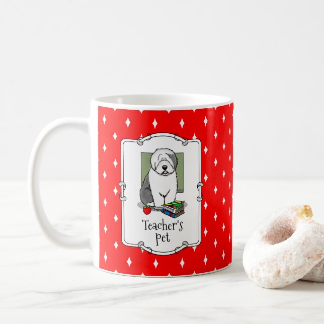 Taza De Café Profesora de escuela perro pastor de inglés viejo  (Con donut)