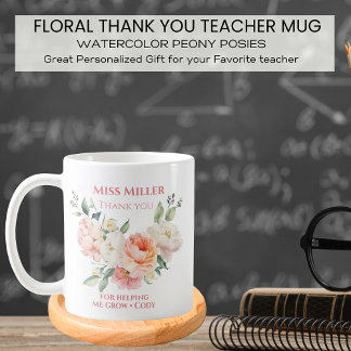 Taza De Café Profesora personalizada Floral Gracias