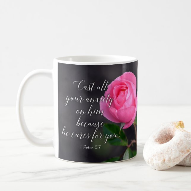 Taza De Café Pronuncien toda su ansiedad Biblia Cristiana Verse (Con donut)