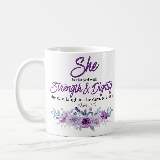 Taza De Café Proverbios 31:25 Fuerza y Dignidad Flor Púrpura (Izquierda)