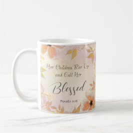 Taza De Café Proverbios 31:28 Naranja Oro Caída Floral