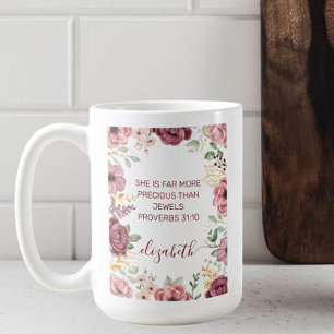 Taza De Café Proverbios 31 Elegante escritura de flor rosa past