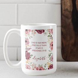Taza De Café Proverbios 31 Elegante escritura de flores rosa pa