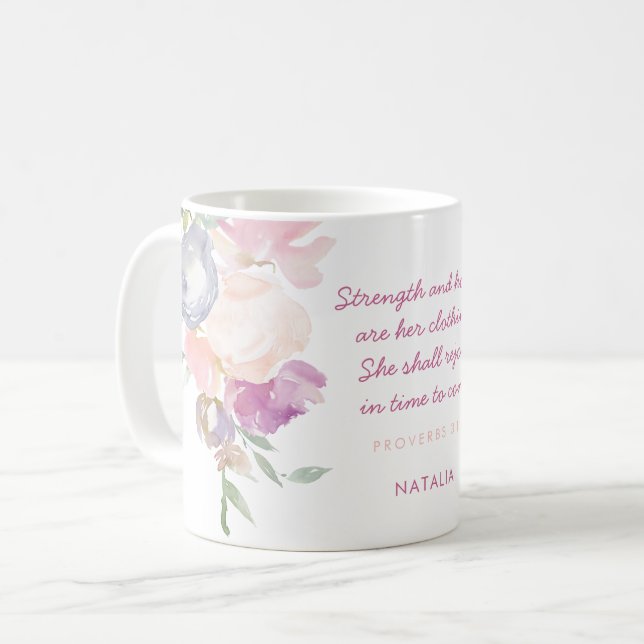 Taza De Café Proverbios de fuerza y honor 31 Pastel Floral (Anverso izquierdo)