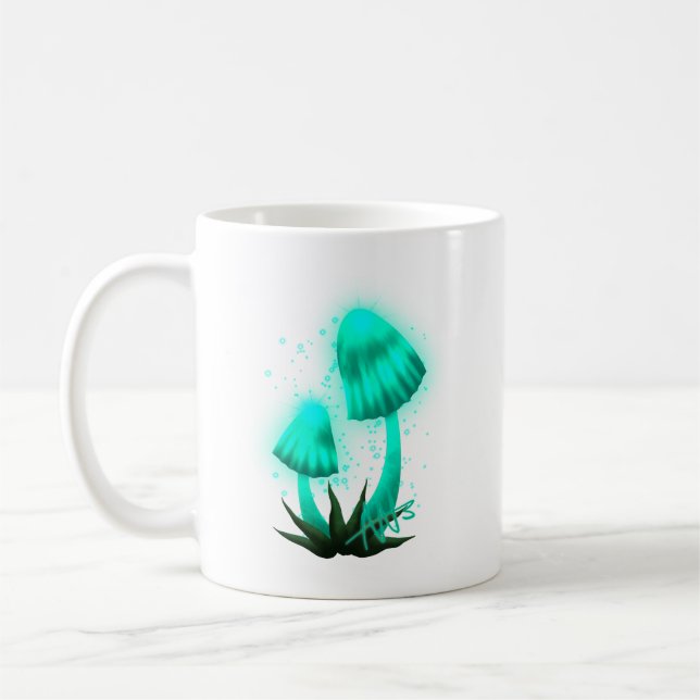 Taza De Café Psicodélico Tapón de pixie Gopando champiñón cian (Izquierda)
