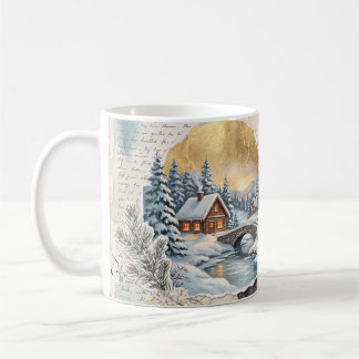 Taza De Café Pueblo Alpino de Invierno Collage Botánico Vintage