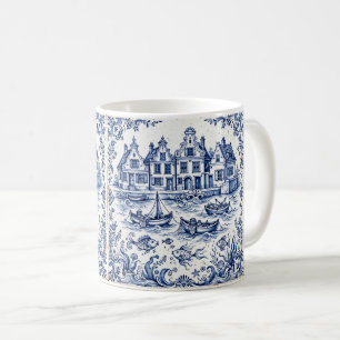 Taza De Café Pueblo de Delft y puerto de pesca Azul cobalto Bla