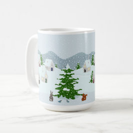 Taza De Café Pueblo invernal con nieve, conejo, ardilla y pino