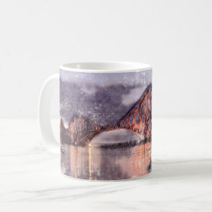 Taza De Café Puente Forth atmosférico al anochecer Acuarela