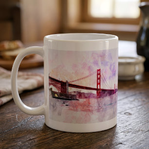 Taza De Café Puente Golden Gate Acuarela al Atardecer