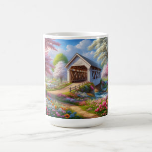 Taza De Café Puente y río colorido cubierto de primavera/floral