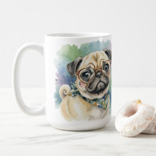 Taza De Café Pug adorable con gafas en acuarela