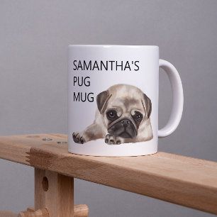 Taza De Café Pug Mug Monograma Nombre Acuarela perro