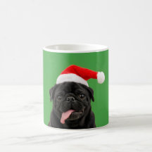 Pug Negro Divertido Sombrero de Santa Lengua Fuera