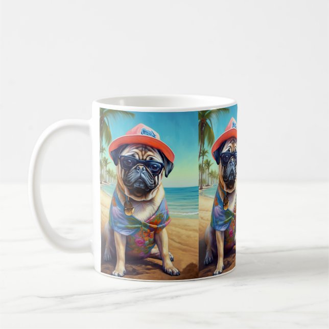 Taza De Café Pug on Beach, regalo de verano para el amante del  (Izquierda)