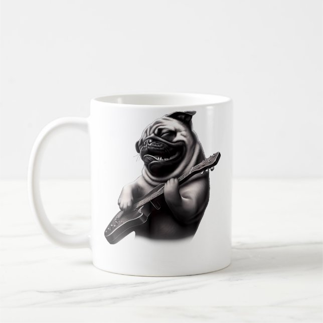 Taza De Café Pug Playing Guitar - Funny Rock Music Guitar Pug (Izquierda)