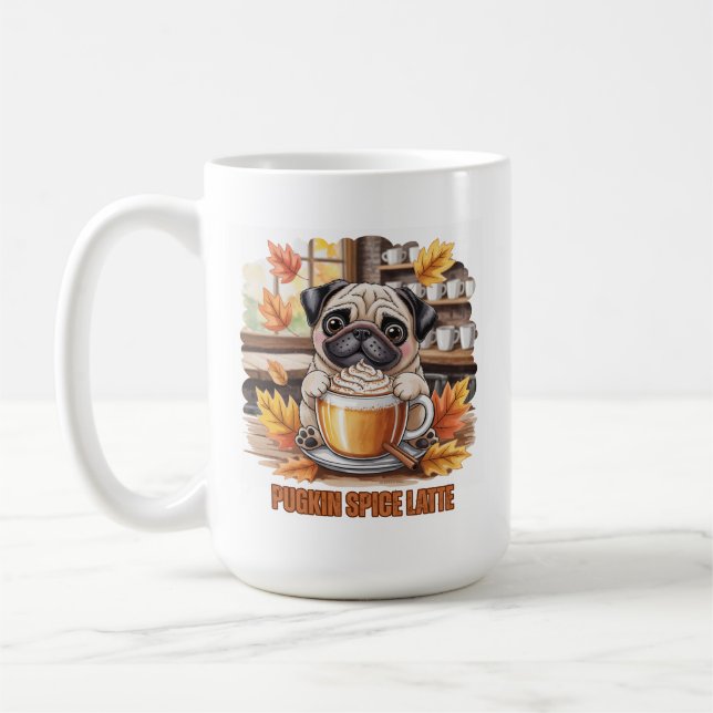 Taza De Café Pugkin Spice Latte – Cute Autumn Pug Coffee Design (Izquierda)