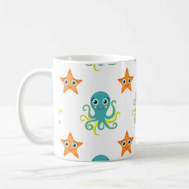 Taza De Café Pulpo amarillo azul; Estrellas de mar anaranjadas (Izquierda)