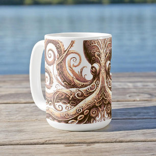 Taza De Café Pulpo Kraken Steampunk Ornamentado Dorado Blanco