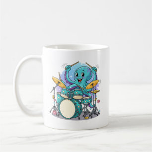 Taza De Café Pulpo Tocando la Batería Dibujo Animado Divertido 