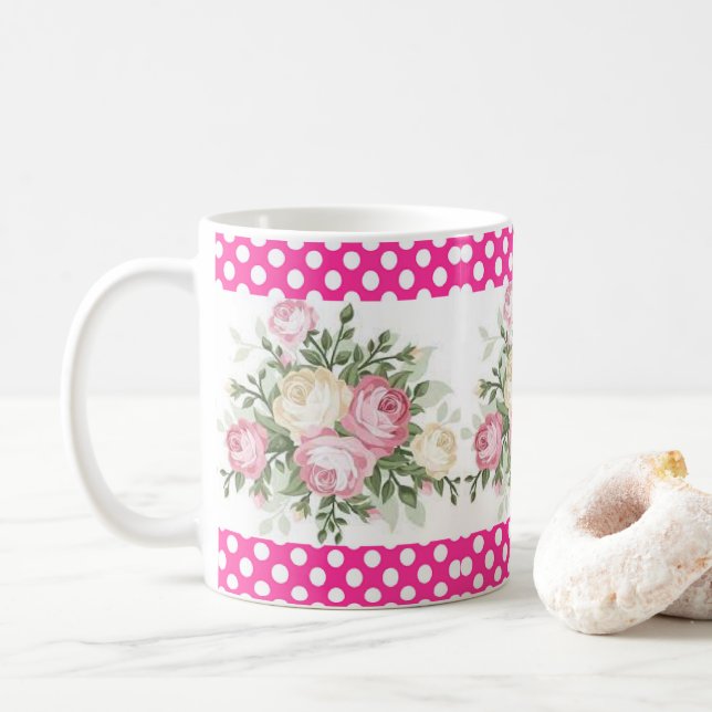 Taza De Café Punto Polka Pink Floral Mug (Con donut)