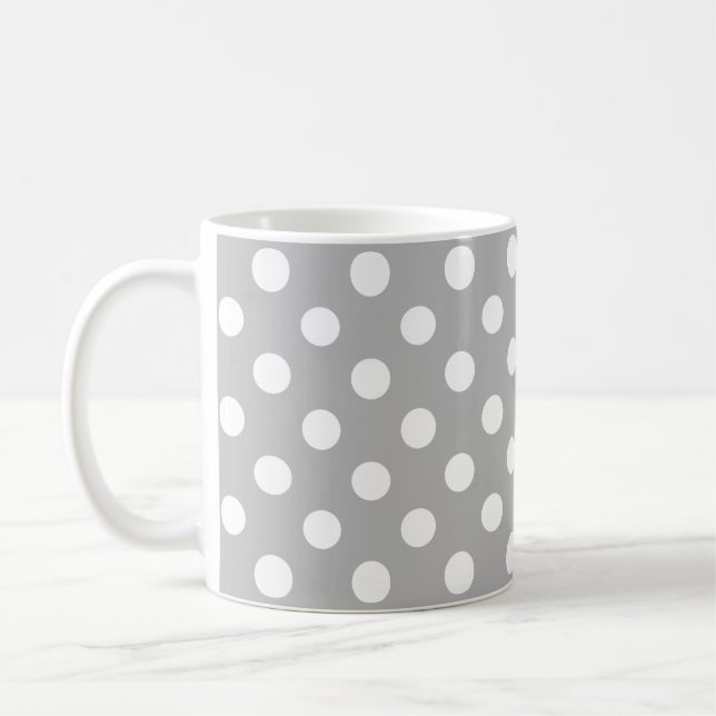 Taza De Café Puntos de Polka Blanco sobre fondo gris cromado (Izquierda)