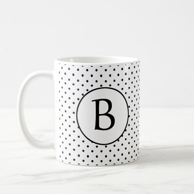 Taza De Café Puntos de polka blanco y negro con monograma (Izquierda)