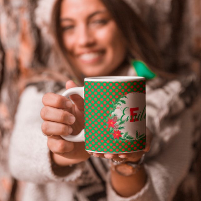 Taza De Café puntos de Polka rojo y verde Monograma Personaliza (Subido por el creador)