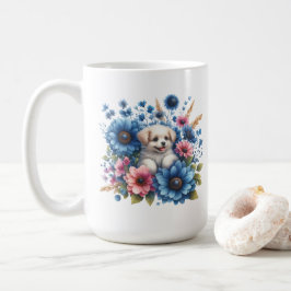 Taza De Café Puppy Love and Colorful Flowers Mug