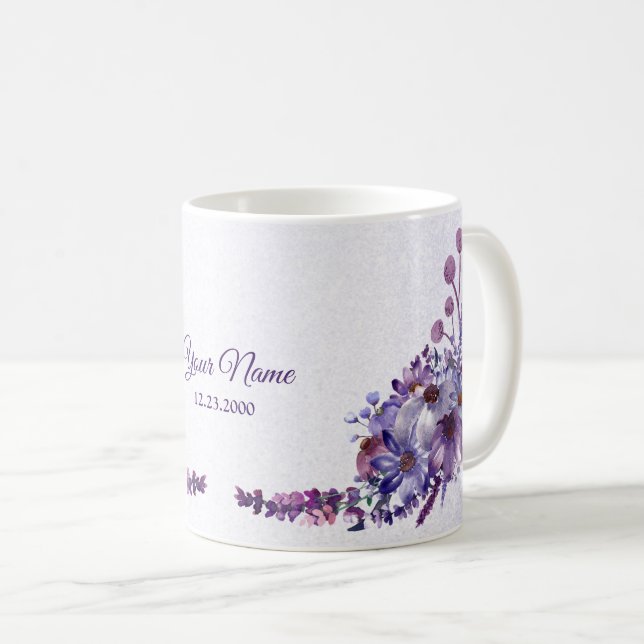 Taza De Café Purple Blue Pink Floral Glitter Wedding Party (Anverso derecho)