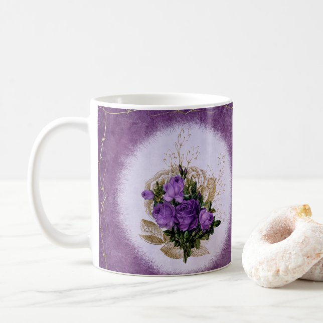 Taza De Café Purple Floral Diseñado Clásico Mug Elegante (Con donut)