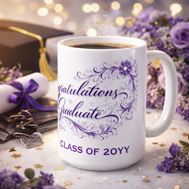 Taza De Café Purple Floral Graduation Script with Custom Year (Subido por el creador)