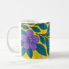 Taza De Café Purple Flowers & Teal Leaves on Yellow Background