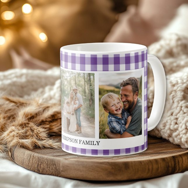 Taza De Café Purple Gingham 3 Foto (Purple Gingham 3 Photo Coffee Mug)