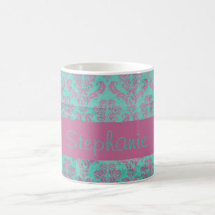 Taza De Café Purple Verde azulada Damask Custom Name Mug