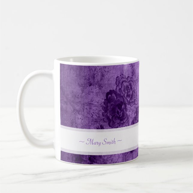 Taza De Café Púrpura conocida de encargo motiva floral del arte (Izquierda)