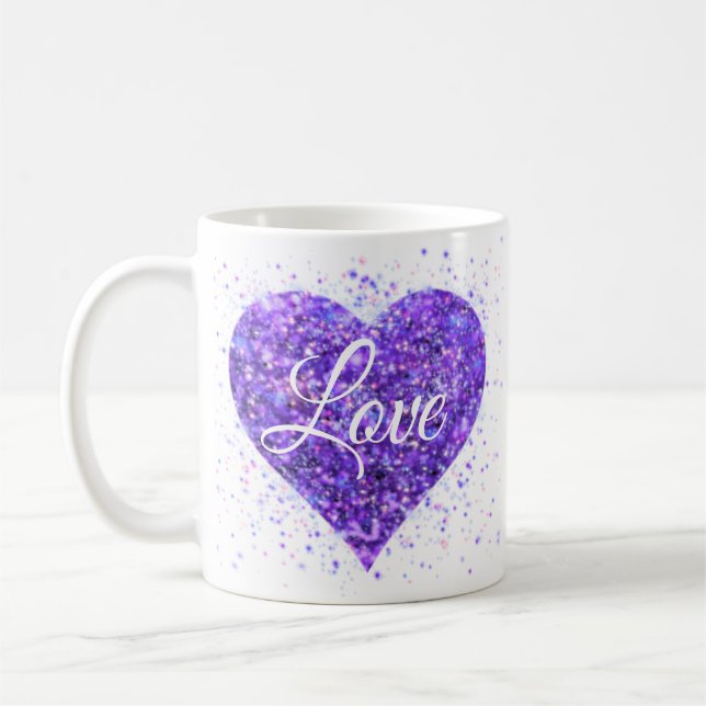 Taza De Café Púrpura corazón brillante, amor purpurina valentin (Izquierda)