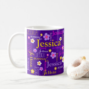 Taza De Café Púrpura flor amarilla nombre personalizado jessica