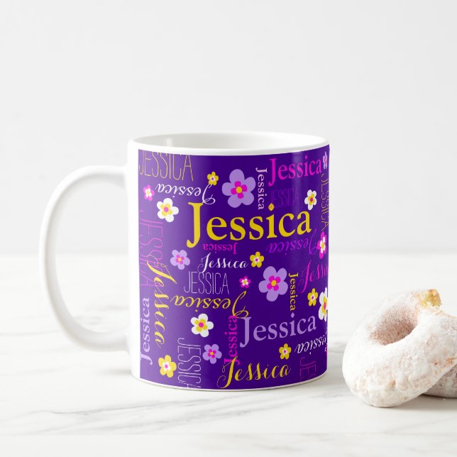 Taza De Café Púrpura flor amarilla nombre personalizado jessica (Con donut)