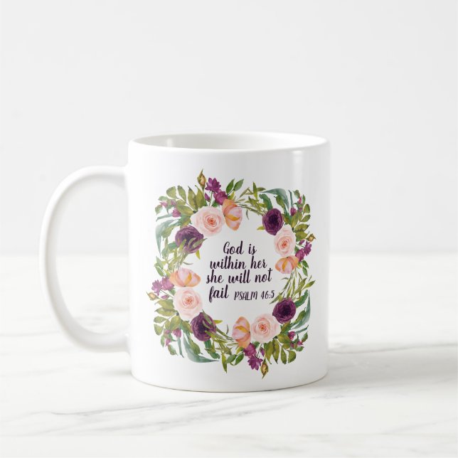 Taza De Café Púrpura Floral Cristiana Biblia Verso (Izquierda)