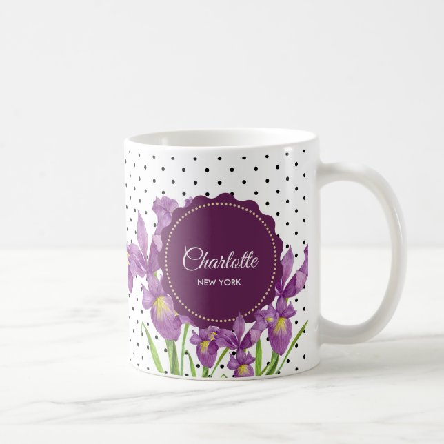 Taza De Café Púrpura Iris Black White Polka Dots (Derecha)