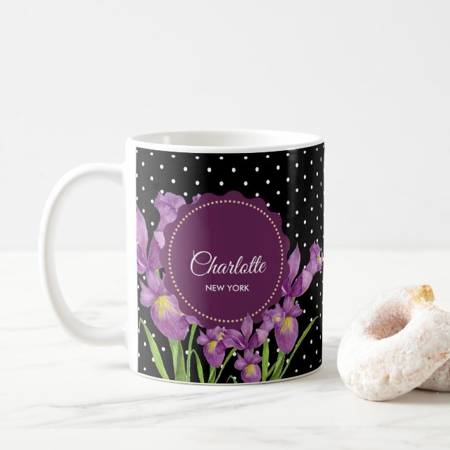Taza De Café Púrpura Iris Black White Polka Dots (Con donut)