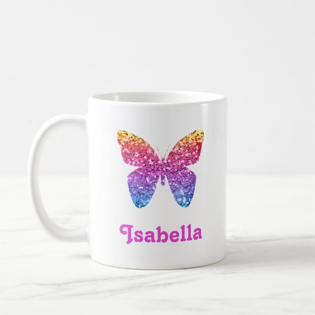 Taza De Café Purpurina Arcoiris mariposa Cute Girly Personaliza (Izquierda)