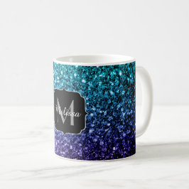 Taza De Café Purpurina azul Aqua Ombre fino chispas Monograma