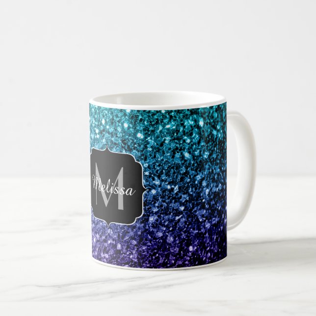 Taza De Café Purpurina azul Aqua Ombre fino chispas Monograma (Anverso derecho)