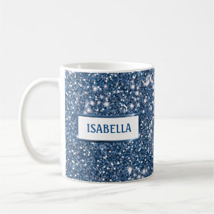 Taza De Café Purpurina azul falso de textura con nombre persona