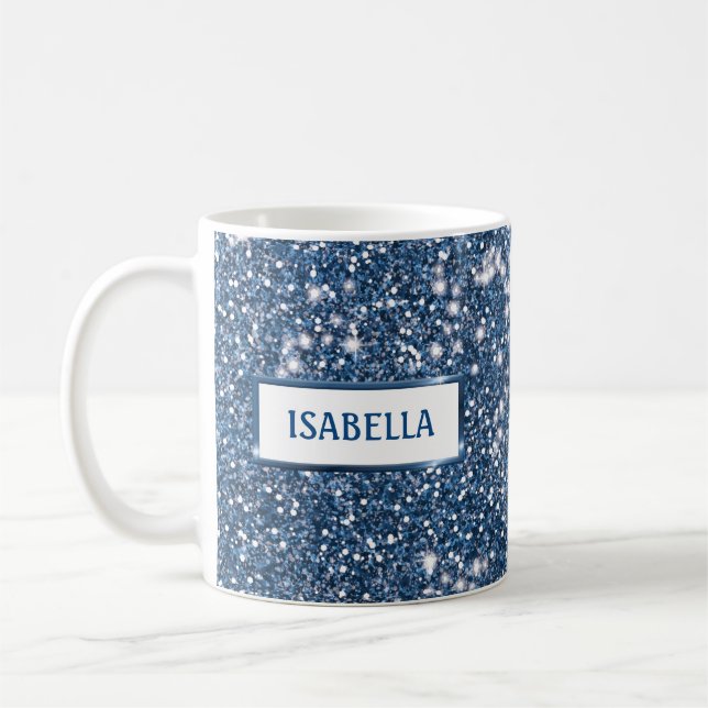 Taza De Café Purpurina azul falso de textura con nombre persona (Izquierda)