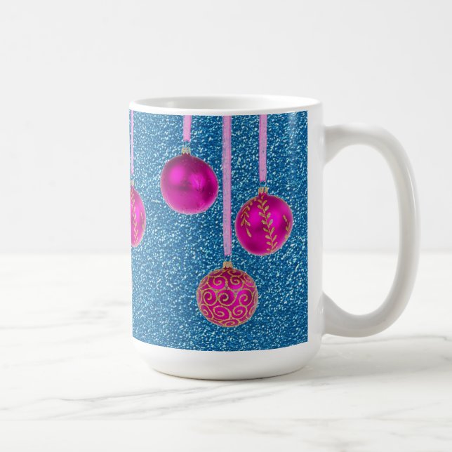 Taza De Café Purpurina azul rosa caliente Feliz Navidad Baubles (Derecha)