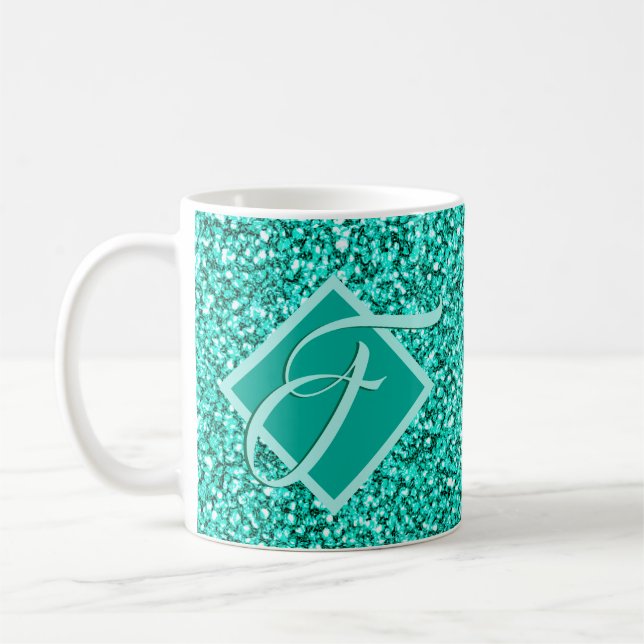 Taza De Café Purpurina azul Sparkle Glam Turquoises Monogramado (Izquierda)