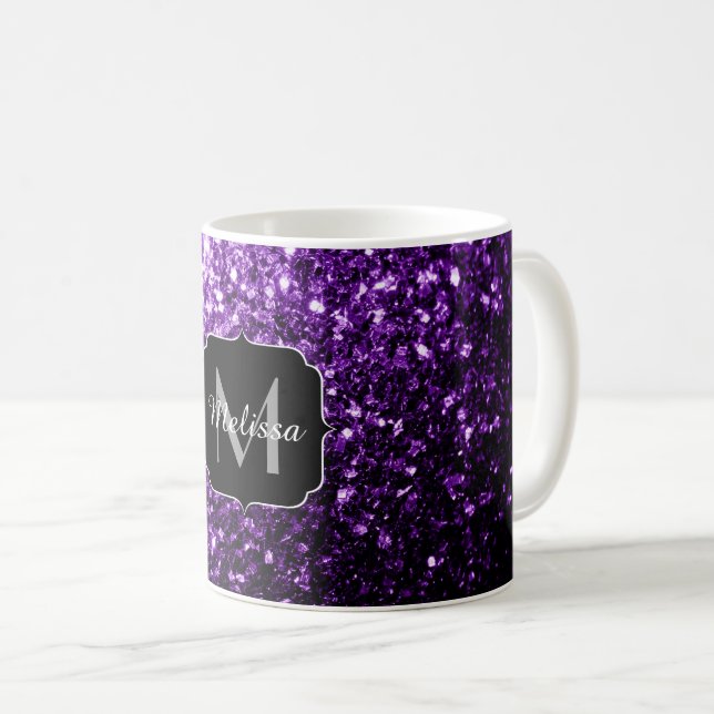 Taza De Café Purpurina brillante oscuro morado chispas Monogram (Anverso derecho)